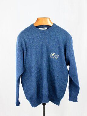 Vintage PRINGLE Club Collection Blue 100% Pure Wool Cable Knit Sweater, Size L